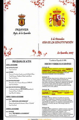 6 de diciembre de 2007, programa de actos que organiza el Ayuntamiento en homenaje a la Constitución Española de 1978.
Los podéis ver también en nuestro calendario:

[url=http://www.laguardiatoledo.info/calendario][color=navy][i][img]http://www.laguardiatoledo.info/common/calendario.jpg[/img][/i][/color][/url]
[url=http://www.laguardiatoledo.info/calendario][color=navy][i]Visitar el calendario en su versión su ampliada[/i][/color][/url]
[url=http://www.laguardiatoledo.info/][color=navy][i]Visitar el calendario en su versión resumida[/i][/color][/url]

El [url=http://www.laguardiatoledo.info/calendario][color=navy][i]www.laguardiatoledo.info/calendario[/i][/color][/url] es un nueva funcionalidad que ProyectoTuPI pone de nuevo al servicio de La Guardia.
Si quieres saber que beneficios te puede aportar como institución, asociación, empresario o simplemente como persona física visita las categorías de eventos que puedes publicar en:
[url=http://www.laguardiatoledo.info/calendario/calendar.php?mode=cats][color=navy][i]www.laguardiatoledo.info/calendario/categorias[/i][/color][/url] 

[i]Empieza a ver a La Guardia de un modo diferente[/i]
[img]http://www.laguardiatoledo.info/fotos/resources/logo_tupi_bn_w65_conbordes.jpg[/img]

[url=espacio.adicional] [/url]

Palabras clave: 6 de diciembre de 2007, programa de actos que organiza el Ayuntamiento en homenaje a la constitución.