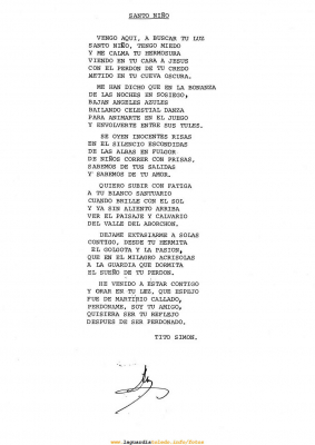 Poesía al Santo Niño por Tito Simón.
[url=espacio.adicional] [/url]
[color=teal][i]Cuando la desolación es mucha y la esperanza poca.... conviene leer[/i][/color]

[url=espacio.adicional] [/url]

Palabras clave: Poesía al Santo Niño por Tito Simón.