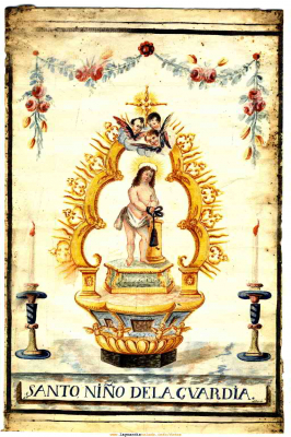 Grabado a plumilla de El Santo Niño de La Guardia realizado en 1776 por Mariquita Diaz-Valero
Hallado por casualidad en 10 de diciembre de 2005 por Isabél Martínez y su sobrino mientras revisaban unos baúles en busca de los escritos del ya hace muchos años fallecido Lino Martínez.

