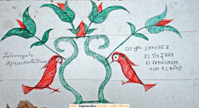 Dibujo que le regaló el Tio Jaro 'El Esquilador' a Paco Montesinos 'El Chiquitín'.
[url=espacio.adicional] [/url]
[color=teal][i] Según nos comentó Santiago Montesinos, hijo de Paco, el propósito del regalo fue agradecer los buenos ratos que compartieron El Jaro y Paco. 
El dibujo esta hecho sobre un cartón y lo tienen expuesto en la tienda que en hoy lleva Carmen la viuda de Paco. [/i][/color]
[url=espacio.adicional] [/url]
Palabras clave: Dibujo que le regaló el Tio Jaro 'El Esquilador' a Paco Montesinos 'El Chiquitín'.