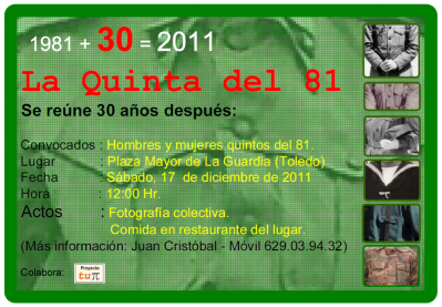Reunión de la quinta del 81 treinta años después.
EL CURSO DE LA VIDA: < Los quintos
Palabras clave: Reunión de la quinta del 81 treinta años después.