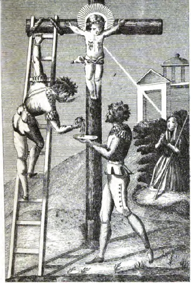 Grabado del Santo Niño extraído del libro del párroco guardiolo Martín Martínez Moreno "Historia del Martirio del Santo Niño de La Guardia" de 1785
A pié de foto, aparece la frase: "Desde la cruz de su patíbulo consiguió del Señor dar vista a su madre ciega"
Fuente original del grabado:
[b][url=http://books.google.es/books?id=ZAmwAUO_-W0C&pg=PA116-IA1&source=gbs_selected_pages&cad=0_1][color=blue]Grabado del Santo Niño en el libro de Martín Martínez Moreno "Historia del Martirio del Santo Niño de La Guardia" de 1785[/color][/url][/b]

Palabras clave: grabado Santo Niño de La Guardia