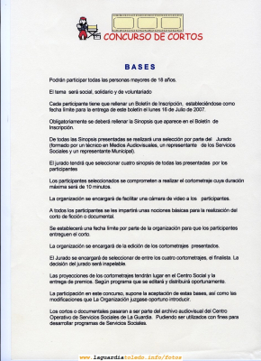 Concurso de cortos que se celebra este verano 2007 en La Guardia
Nos alegra que surjan estas iniciativas que fomentan la cultura en nuestro pueblo. [b]Nos comprometemos desde Proyecto Tupi a publicar en la web el corto ganador[/b]. Mucha suerte a los participantes
