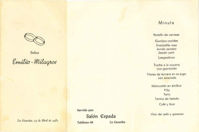 Menú del enlace entre Emilio Orgaz Huete y Milagros Redajo Santiago celebrado en Salones Espada
