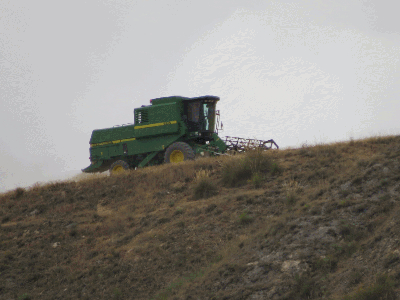 Tiempo de siega. Cosechadora por los cerros del Santo Niño vista desde el valle del Cedrón
