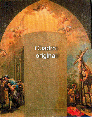 Gif animado comparativo entre tres estados del cuadro "El rapto del Santo Niño" de Francisco Bayeu: situación original, antes de su restauración y estado de la restauración a fecha 6-9-2011
