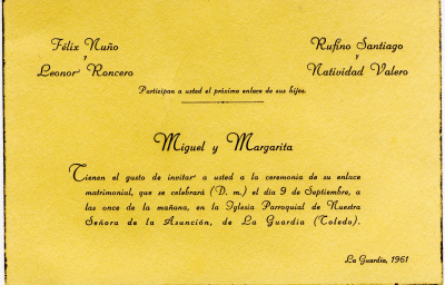 Invitación de boda de hace 50 años
Enhorabuena a Margarita y Miguel por sus bodas de oro que se acaban de celebrar.
