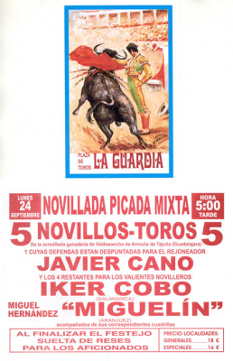 Cartel anunciador de los toros en las fiestas 2007. Extraido de la web de Jose Luis Guzmán
[url=http://www.laguardiatoledo.es.vg/][color=navy][i][b]Web de Jose Luis Guzmán[/b][/i][/color][/url].[/b]
