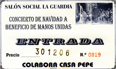 Entradas del festival Navideño que organiza el Coro Parroquial los días 29 y 30 de Diciembre de 2006 a beneficio de Manos Unidas
Desde aquí os animamos a los que ayer no estuvieron en el Festival que acudan hoy para colaborar por una noble causa. La actuación es a las 21:00 en el Centro Social. El precio de las entradas es de 6 €.
