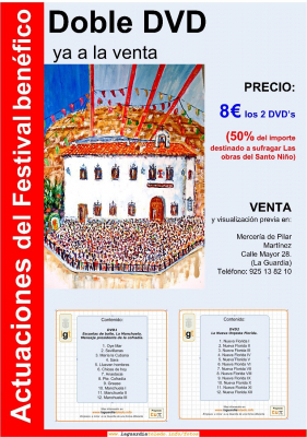 Cartel anunciador de la campaña de venta de DVD's con las actuaciones del Festival Benéfico de Homiguar para recaudar fondos para la Plataforma de la Ermita del Santo Niño
El DOBLE DVD se pone a la venta con un [b]precio de 8 € de los cuales el 50% irá como donación[/b] y el otro 50% para gastos de producción.
