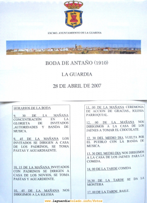 28 de Abril de 2007. Boda de 1910. El cartel anunciador
Nos complace que el Ayuntamiento haya usado como foto en el cartel anunciador una de las mejores fotos de nuestra web.
[url=http://www.laguardiatoledo.info/fotos/displayimage.php?pos=-371][color=navy][i][b]Foto del cartel anunciador de la boda de antaño[/b][/i][/color][/url].[/b]
[url=http://laguardiatoledo.info/tupidiario/2007/04/30/proyecto-tupi-inaugura-dos-nuevas-secciones-en-la-guardiapedia/][color=navy][i][b]Proyecto Tupi inaugura dos nuevas secciones en la Guardiapedia[/b][/i][/color][/url].[/b]
[url=http://laguardiatoledo.info/guardiapedia/Historia_de_La_Guardia][color=navy][i][b]Historia de La Guardia en la Guardiapedia[/b][/i][/color][/url]
[url=http://www.laguardiatoledo.info/guardiapedia/Historia_del_Santo_Ni%C3%B1o][color=navy][i][b]Historia del Santo Niño en la Guardiapedia[/b][/i][/color][/url]
