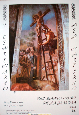 Cartel anunciador del V Centenario del Martirio del Santo Niño. 31 de Marzo de 1991.
Esta digitalización es un escaner fotográfico de un cartel que Proyecto Tupi tiene de tal evento. Dadas las dimensiones del cartel, que exceden del estandar A4 de nuestros escáners, la digitalización se ha hecho mediante fotografía digital del cartel.

