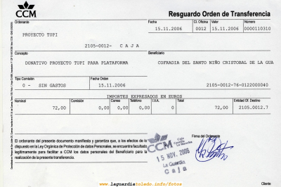 Donación de 72 € que Proyecto Tupi hace a la Cofradía del Santo Niño por la venta de DVD'S de las actuaciones del festival de Homiguar
Se han vendido en total 18 DVD's dobles (36 DVD's), ingresándose 144 €, de los cuales 72 € son de gastos de producción y [b]72 € van como donativo. Estos 72 € unidos a los 121€ de la campaña de venta de DVD's de las actuaciones de Castilla la Mancha hacen que ya hayamos donado a la Cofradía 193€ (32112 ptas) para financiar las obras de la Plataforma. Recordar también que en las Navidades pasadas Proyecto Tupi donó a Manos Unidas 372 € (61895 ptas) por la venta de DVD's del festival Navideño. Gracias a todos por vuestra colaboración[/b]
