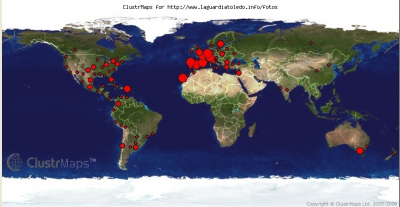 Mapa de visitas a nivel mundial de Proyecto Tupi a Marzo de 2007
Respecto a la foto de puntos del anterior mapa ([url=http://www.laguardiatoledo.info/fotos/displayimage.php?pos=-1810][color=navy][i][b]Mapa de visitas de Octubre de 2006[/b][/i][/color][/url].[/b]) hemos aumentado mucho la presencia en Centro y Sudamérica, China, Israel y Australia
