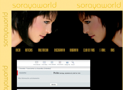 24 de Marzo de 2007. La cantante de Operación Triunfo Soraya Arnelas será la actuación estelar de las fiestas 2007
Según la web de la cantante, toca en La Guardia el domingo 23 de Septiembre de 2007. Este año la comisión de festejos no se ha descuidado... La veremos justo dentro de 6 meses
Información encontrada en internet en [/b][url=http://www.soraya-arnelas.com/giras.htm][color=navy][i][b]Concierto de Soraya en La Guardia en 2007[/b][/i][/color][/url].[/b]
La web de la cantante es [/b][url=http://www.soraya-arnelas.com][color=navy][i][b]Web de Soraya Arnelas[/b][/i][/color][/url].[/b]
[url=http://www.laguardiatoledo.info/fotos/thumbnails.php?album=search&type=full&search=soraya][color=navy][i][b]El concierto de Soraya en laguardiatoledo.info/fotos[/b][/i][/color][/url].[/b]

Esta noticia también se encuentra publicada en el Tupidiario. [b]A partir de ahora de ahora las noticias se publicarán exclusivamente en el Tupidiario y si tienen un enlace multimedia se publicará el correspondiente elemento en fotos, pero la información estará en Tupidiario.[/b]
[/b][url=http://www.laguardiatoledo.info/tupidiario][color=navy][i][b]Tupidiario[/b][/i][/color][/url].[/b]
[/b][url=http://laguardiatoledo.info/tupidiario/2007/04/01/la-cantante-de-operacion-triunfo-soraya-arnelas-sera-la-actuacion-estelar-de-las-fiestas-2007/][color=navy][i][b]Noticia de la actuación de Soraya en las fiestas 2007 en Tupidiario[/b][/i][/color][/url].[/b]
[url=http://laguardiatoledo.info/tupidiario/2007/04/01/laguardiatoledoinfo-alcanza-el-cuarto-de-millon-de-vistas-de-fotos/][color=navy][i][b]Laguardiatoledo.info consigue el cuarto de millón de visitas el 1 de Abril de 2007 publicado en Tupidiario[/b][/i][/color][/url].[/b]


