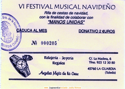Papeletas que ha sacado a la venta el Coro Parroquial para el tradicional festival benéfico de Manos Unidas 2006
[b] Os recordamos que los días 29 y 30 de Diciembre de 2006 tendrá lugar en el Centro Social el tradicional festival benéfico Navideño que cada Navidad organiza el Coro Parroquial a beneficio de Manos Unidas[/b]

