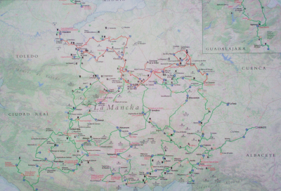 Ruta completa de Don Quijote
Aquí está el mapa de la ruta de Don Quijote completa, pasa por muchísimos pueblos de Castilla La Mancha. Esta ruta se pude hacer  andando, en bici o a caballo, según lo estipulado en la Junta de Comunidades.
Palabras clave: ruta don quijote