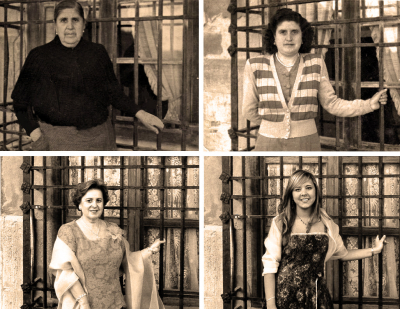 Cuatro generaciones y una reja
El presente se forja con el pasado. Esta foto simboliza el paso del tiempo a lo largo de cuatro generaciones con cuatro fotos en el mismo lugar, la ventana de la Casa de los Jaenes. El tiempo es nuestro principal aliado en la conservación de nuestra historia.
Cronológicamente son: Isabel, Guillermina, Charo y Elena.
