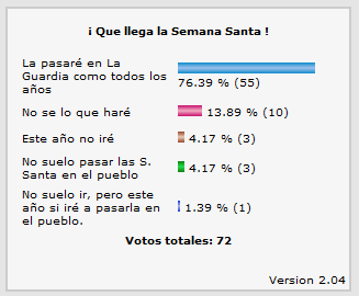 Encuestas ¡Ya ha llegado la Semana Santa !
Encuestas ¡Ya ha llegado la Semana Santa !
Palabras clave: Encuestas ¡Ya ha llegado la Semana Santa !