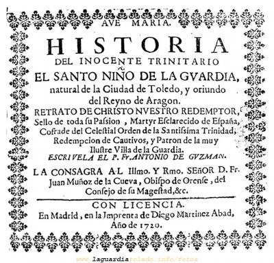 Colección de grabados de la Historia del Santo Niño
Estos grabados han estado durante muchos años delante de todos los guardiolos. Estamos seguros de que ahora cuando los vean se quedarán sorprendidos. Si es así, quedará demostrado el dicho de que [b]"No es lo mismo [i]mirar[/i] que [i]ver[/i]"[/b] 

[img]http://www.laguardiatoledo.info/fotos/resources/logo_tupi_bn_w65_conbordes.jpg[/img]

[i]Empieza a ver a La Guardia de un modo diferente[/i]

Podéis ver todos los grabados jun
Palabras clave: Colección de grabados de la Historia del Santo Niño