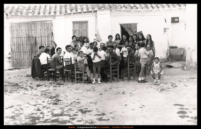 Celebración
Celebración del bautizo de José Guzmán Sánchez. Bodega de Pedro Moya, año 1969.
Empezando por la izquierda de frente: Carmen Morales con su hija Mª Carmen en brazos, sentada Paca Sánchez, le sigue Emiliano Potenciano, Briji Sánchez, Abundio Sánchez, Manuela, Juanito Pasamontes, Tomasa Sánchez, Lucio Domínguez, Encarni Linares, Manola, José Guzmán, Juliana Sánchez, Milagros Galán, Jacoba, Manoli Guzmán.
Por la izquierda los que están sentados en las sillas: Angel, Eugenio, Angel del Castillo, Amancio Nuño (con su Hijo Juan José) el niño Eduardo Santiago, (el tio cstañetas) Andres Sánchez, Pedro Moya, Angel, y la niña Mercedes Sánchez
Palabras clave:  bautizo Bodega 