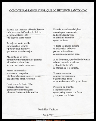 Como te raptaron
Poesia dedicada al Santo Niño, de Nati Cabiedas
Palabras clave: Poesia Nati Cabiedas