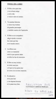 Día del libro
Poesía dedicada al libro, de Natividad Cabiedas.
Palabras clave: Poesía dedicada al libro
