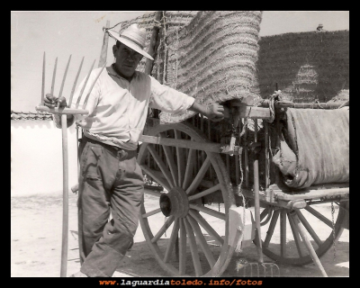  El carro
Año 1960. Carro preparado para llenarle de paja. Por el mes de Agosto después de la trilla, era lo que se veía por el pueblo: carros repletos de paja llenando los pajares. El pueblo se vestía de amarillo y en el aire el olor de la paja recién trillada. Los hombres encima del carro con la paja, en la mano el orquillo, en la cabeza el sombrero, en la cara tapando boca y nariz un pañuelo, y a meter la paja por el boquerón.
Palabras clave: Carro preparado para llenarle de paja
