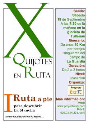 I Ruta a pie para descubrir La Mancha
Más información en [url=http://www.proyectotupi.com/][color=red]www.proyectotupi.com[/color][/url]
Palabras clave: I Ruta a pie para descubrir La Mancha