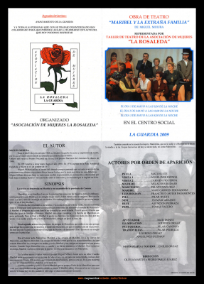 Cartel anunciador de 'Maribel y la extraña familia' obra de Miguel de Mihura representado por el Taller de teatro de la Asociación de mujeres 'La Rosaleda' en primavera del 2009
Palabras clave: Cartel anunciador de 'Maribel y la extraña familia' obra de Miguel de Mihura representado por el Taller de teatro de la Asociación de mujeres 'La Rosaleda' en primavera del 2009