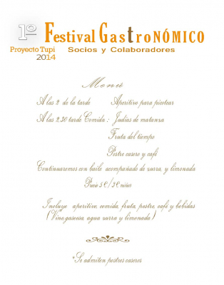 Menú
Si eres socio o colaborador de la A.C.Proyecto Tupi, te esperamos el día 22 de Marzo para nuestra comida de convivencia.
Palabras clave: fiesta de las judias