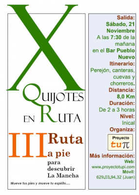 III Ruta a pie para descubrir La Mancha
Más información en [url=http://www.proyectotupi.com/][color=red]www.proyectotupi.com[/color][/url]
Palabras clave: III Ruta a pie para descubrir La Mancha