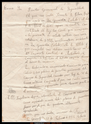 Solicitud a guardia de seguridad
Solicitud a guardia de seguridad de Vicente Peláez, del año 1932.

EL CURSO DE LA VIDA: < Los trabajos y oficios
Palabras clave: Solicitud a guardia de seguridad
