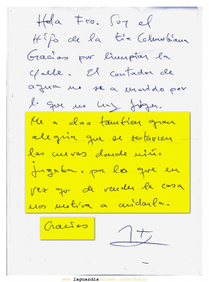 Nota de agracimeinto al Ayuntamiento por el proyecto de recuperación de las cuevas.
Agradecimiento al que se suman las personas que forman este proyecto.

[url=http://www.laguardiatoledo.info/fotos/displayimage.php?pos=-1782][color=navy][i]Esperamos que algún día se pueda leer aunque solo sea alguna página del poema escrito en cal que fue La Guardia[/i][/color][/url]

[url=http://www.laguardiatoledo.info/fotos/thumbnails.php?album=209][color=navy][i]Ver más fotos de las cuevas[/i][/color][/url]


[i]Empieza a CONSTRUIR La Guardia de un modo diferente[/i]
[img]http://www.laguardiatoledo.info/fotos/resources/logo_tupi_bn_w65_conbordes.jpg[/img]

[url=espacio.adicional] [/url]
Palabras clave: Nota de agracimeinto al Ayuntamiento por el proyecto de recuperación de las cuevas.