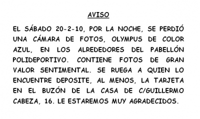 Se ha perdido una cámara de fotos...
Palabras clave: perdida camara fotos