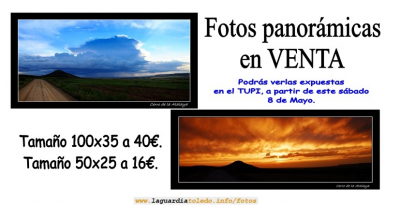 Fotos a la venta
Panorámicas a la venta en dos tamaños distintos. Podéis acercaros a verlas al Tupi a tamaño original. Son unas estupendas fotos del Cerro de la Atalaya en dos tamaños estupendos para enmarcar.

ASOCIACIONES CULTURALES: Proyecto Tupi
Palabras clave: fotos panoramicas venta