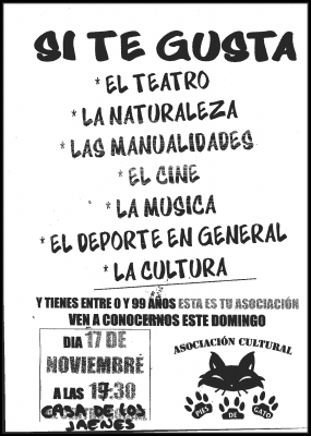 A.C. Pies de Gato
17 de noviembre a las 17:30 en la Casa de los Jaenes, ven a conocer lo que propone esta nueva asociación cultural de La Guardia
Palabras clave: pies de gato