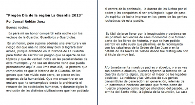 Página 1. Pregón de de Dña. Juncal Roldán Juez en las fiestas de Castilla la Mancha 2013
