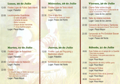 Programa de actos de IV Semana de la junventud
EVENTOS POPULARES: Otros eventos
Palabras clave: Semana de la junventud