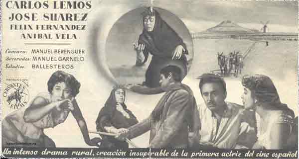 Cartel de la película Condenados (1953) en donde se ve el Cerro de la Atalaya
Esta foto está extraída de la web de Jose Luis Guzmán.
[url=http://www.laguardiatoledo.es.vg][color=blue][b][i]Web de Jose Luis Guzmán[/color][/i][/b][/url]
[url=http://www.laguardiatoledo.info/fotos/displayimage.php?pos=-583][color=blue][b][i]Foto del rodaje de la película Los condenados[/color][/i][b][/url]
[url=http://www.laguardiatoledo.info/fotos/displayimage.php?pos=-3593][color=blue][b][i]Vídeo de la película Los condenados[/color][/i][b][/url]

[b]LA PELICULA[/b]
Condenados narra otro relato sacrificial centrado en un personaje femenino (Aurelia) causa y a la vez consecuencia de una asfixiante cultura patriarcal. Aunque el rapto místico o las escenas de conversión están asuentes aquí, la presencia de lo religioso también se deja notar con fuerza. Por ejemplo, en la entrada de los nuevos segadores buscando la "gracia" de Dios en el templo, y ante todo en la sacralización del vínculo matrimonial como garantía absoluta frente a posibles infidelidades. Se diría que, pese al "naturalismo" en el que viven inmersos los personajes, el sentimiento del deber prácticamente neutraliza los sentimientos contrarios, volviéndolos no sólo moralmente ilícitos, sino incluso imposibles. Sin embargo, cabría dudar si acaso no existe una dialéctica no resuelta entre los "valores cristianos" y los "valores caballerescos" de la honra y el honor, característicos también en los dramas calderonianos y en la tradición del teatro español; y, por supuesto, entre la honra y las obligaciones legales que obligan a procesar los crímenes "pasionales".

Aurelia es interpretada por Aurora Bautista, en la cima de su carrera después de interpretar Agustina de Aragón, Pequeñeces o Locura de amor. Aquí no defraudará a sus seguidores, mostrando el repertorio de gestos más completo en el cine español de la época. Tampoco habría que olvidarse del solemne virtuosismo de Mur Oti, que consigue imprimir una fuerza estética casi expresionista al film rememorando los mejores momentos del cine mudo -¡y con música de Beethoven!

[b]EL DIRECTOR[/b]
Manuel Mur Oti  	 
Vigo (Pontevedra), 1908 – Madrid, 2003
Escritor, director y guionista, emigró en 1921 con su familia a Cuba. Estudió Derecho en La Habana y, en 1925 publicó su primera colección de poemas bajo el título Espirales. Tras abandonar sus estudios universitarios, escribe la comedia La alegría del sitio, que fue un rotundo éxito. Fue en ese momento cuando comenzó a escribir guiones para diversos cineastas hispanoamericanos.
Mur Oti regresa a España en plena postguerra, donde queda finalista del Premio Nadal con su única novela, Destino negro, que escribió en Cuba en 1928. En 1953 creó su propia productora, Celta Films.
En 1949 dirigió su opera prima Un hombre va por el camino (1949), un drama que recibió el Premio al Mejor Director del Círculo de Escritores Cinematográficos y, a partir del cual, fue apodado "el Genio Mur Oti". Sus siguientes largometrajes fueron Cielo negro (1951), un melodrama con tintes religiosos muy al gusto del momento; [b]Condenados (1953), premiado con la Mención Especial en el Festival de Cine de Locarno (Italia)[/b]; Orgullo (1955) y Fedra (1956), una adaptación de la obra del mismo título del filósofo romano Séneca.
En 1957 rodó El batallón de las sombras y la comedia La guerra empieza en Cuba. Dos años después estrenó Duelo en la cañada (1959) y Pescando millones (1959). Sus siguientes trabajos fueron la comedia Una chica de Chicago (1960), Milagro a los cobardes (1962), Premio Especial a la Mejor Película del Sindicato Nacional del Espectáculo; y A hierro muere (1962), un filme policiaco rodado en Argentina que, no se sabe a ciencia cierta, pudo basarse en la novela A sangre fría, del escritor argentino Luis Saslavsky.
En 1965 debutó en la pequeña pantalla con la serie La otra cara del espejo. Sus siguientes películas fueron la comedia Loca juventud (1965) y El escuadrón del pánico (1966).
En 1972 estrenó La encadenada, en cuyo guión trabajó Emilio Martínez Lázaro. Su última película fue Morir... dormir... tal vez soñar (1975).
Ha actuado en películas de Ana Mariscal y Fernando Méndez Leite y ha sido guionista de largometrajes dirigidos por Antonio del Amo, Juan de Orduña, Rafael Romero Marchent (serie Cañas y barro, 1978) y León Klimovsky (serie La barraca, 1978–1979).
En 1993, recibió el Goya Honorífico de la Academia de las Ciencias y Artes Cinematográficas de España.


