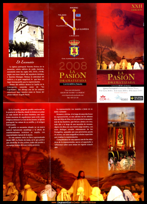 Cartel anunciador de la representación de La Pasión dramatizada 2008
[url=http://www.laguardiatoledo.info/calendario/calendar.php?mode=cal&date=2008-03-01][color=navy][i]Podéis ver la programación de representaciones también en nuestro calendario:[/i][/color][/url]
[url=http://www.laguardiatoledo.info/calendario/calendar.php?mode=cal&date=2008-03-01][color=navy][i][img]http://www.laguardiatoledo.info/common/calendario.jpg[/img][/i][/color][/url]

[url=www.lapasion.laguardiatoledo.info][color=navy][i]www.lapasion.laguardiatoledo.info[/color][/i][/url]
Palabras clave: Cartel anunciador de la representación de La Pasión dramatizada 2008