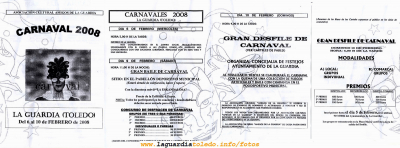 Carnavales 2008
Información adicional sobre lo eventos la podéis consultar también en nuestro calendario:

[url=http://www.laguardiatoledo.info/calendario][color=navy][i][img]http://www.laguardiatoledo.info/common/calendario.jpg[/img][/i][/color][/url]
[url=http://www.laguardiatoledo.info/calendario][color=navy][i]Ver los eventos previstos en el calendario[/i][/color][/url]

Palabras clave: cartel carnavales 2008