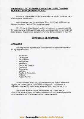Ordenanzas de la Comunidad de regantes del término municipal de La Guardia
Palabras clave: ordenanzas regantes