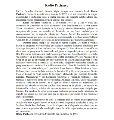 Historia de Radio Pachasco contada por Víctor Hernández, uno de sus impulsores
La pregunta sería: ¿Por qué no se impulsa de nuevo esta iniciativa cultural que tanto aportó a nuestro pueblo?

Se ha abierto un foro de debate con le tema de Radio Pachasco para los que quieran opinar:  [url=http://www.laguardiatoledo.info/foro/index.php][color=navy][i][b]Ir al foro de Radio Pachasco[/b][/i][/color][/url]

[url=http://www.laguardiatoledo.info/foro/viewtopic.php?id=21][color=navy][i][b]¿Por qué no PachascoVisión en el foro de Radio Pachasco[/b][/i][/color][/url]

¡Esperamos vuestra participación!


