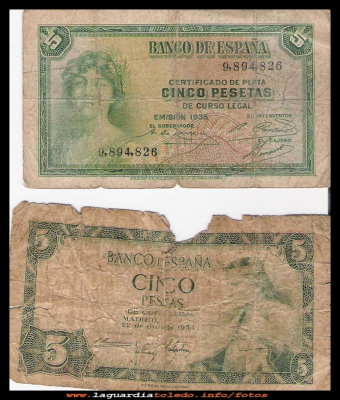 5 pesetas
Cinco pesetas, de dos épocas distintas de España, una del año 1935, y la otra del 1954.
Palabras clave: Cinco pesetas