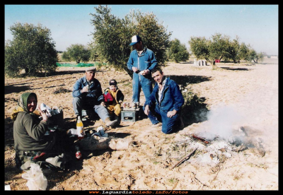De aceitunas
Gloria Guzmán, Vicente Guzmán, José Vicente, José Luis Pedraza, y el niño Santiago Guzmán, en la recogida de aceitunas, año 1999, en el momento del almuerzo,  recuperando fuerzas para poder seguir con la faena.
Palabras clave: el momento del almuerzo