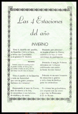 Las cuarto estaciones I
COPLAS DE LAS CUATRO ESTACIONES
La autora de la letra de dichas coplas fue Crisanta (madre de Tomasa y abuela de los chicos del restaurante el madero).
Estas  coplas dicen mucho de una época de nuestro pueblo.
Carnavales 1957
Palabras clave: COPLAS DE LAS CUATRO ESTACIONES