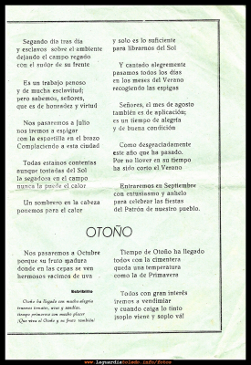 Las cuatro estaciones III
COPLAS DE LAS CUATRO ESTACIONES
La autora de la letra de dichas coplas fue Crisanta (madre de Tomasa y abuela de los chicos del restaurante el madero).
Estas  coplas dicen mucho de una época de nuestro pueblo.
Carnaval del año 1957.
Palabras clave: COPLAS DE LAS CUATRO ESTACIONES