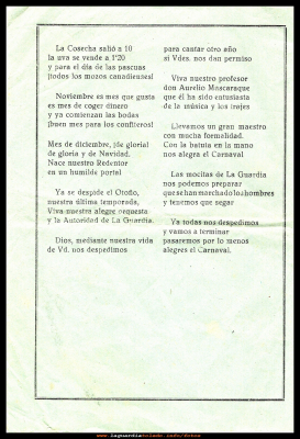  Las cuatro estaciones IV
COPLAS DE LAS CUATRO ESTACIONES

La autora de la letra de dichas coplas fue Crisanta (madre de Tomasa y abuela de los chicos del restaurante el madero).
Estas  coplas dicen mucho de una época de nuestro pueblo.
Carnaval del año 1957.

Palabras clave: COPLAS DE LAS CUATRO ESTACIONES