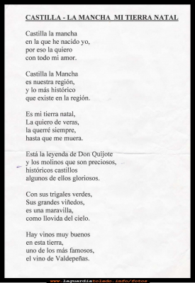 Poesia de Nati Cabiedas
Poesía de Nati Cabiedas, publicada  en el Certamen Literario del proyecto  Alegría, de la diputación de Toledo.  
Pagina 1 de 4
[img]http://www.laguardiatoledo.info/visualizador/imgs/libro_ico.gif[/img] [url=http://www.laguardiatoledo.info/visualizador/poesia/mitierranatal/][color=red][b]HOJEAR[/b][/color][/url]

Palabras clave: Certamen literario del proyecto alegria